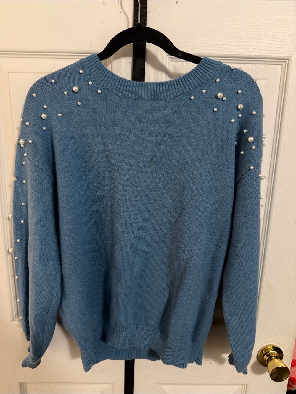 Pearl-Accent Blue Crewneck Sweater